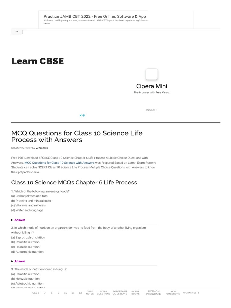 Learn CBSE MCQ Questions For Class 10 Science Life Process With