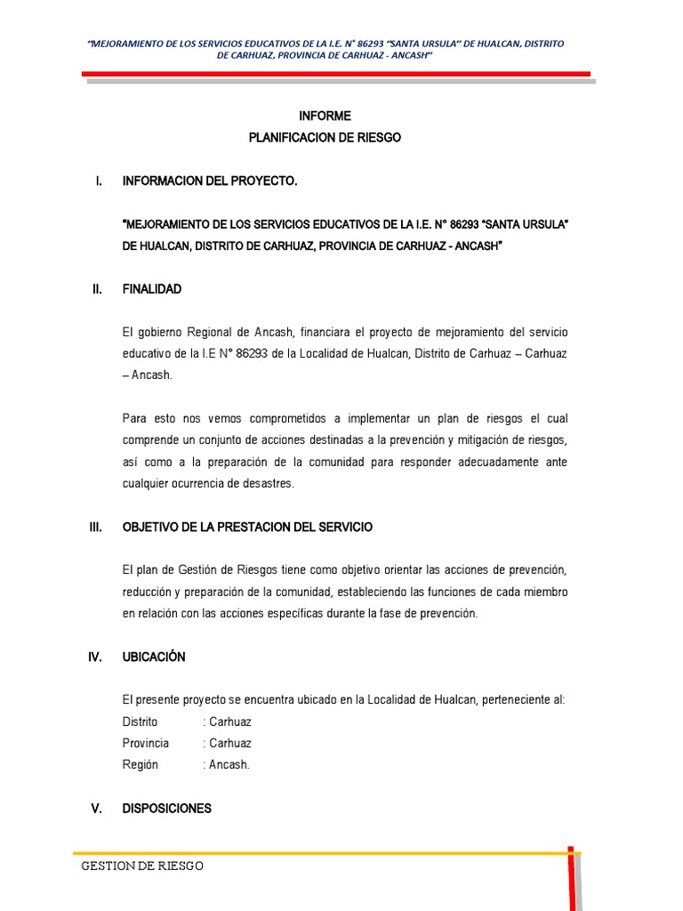 Informe Gestion De Riesgo Pdf Riesgo Probabilidad