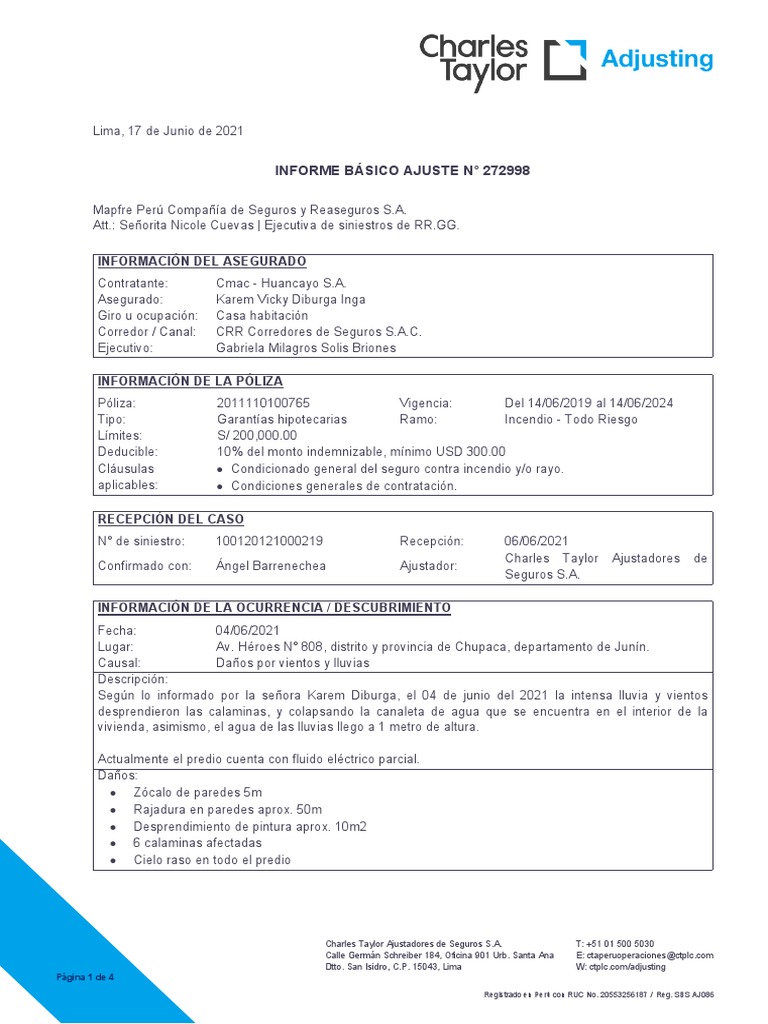 Informe de Siniestro por Daños en Vivienda | PDF | Póliza de seguros ...