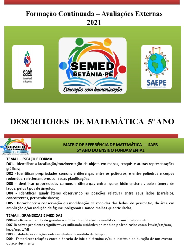 Descritores de Matemática 5º Ano SAEB | PDF | Número racional | Decimal
