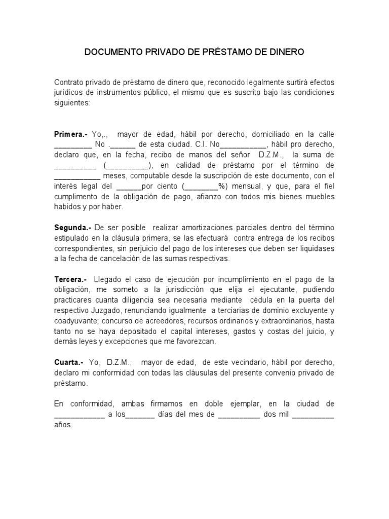 Documento Privado de Préstamo de Dinero | PDF | Finanzas y dinero | Derecho