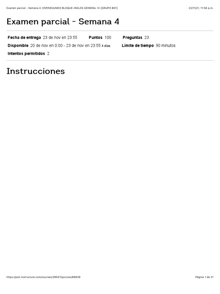 Examen Parcial Semana 4 - Inglés IV | PDF