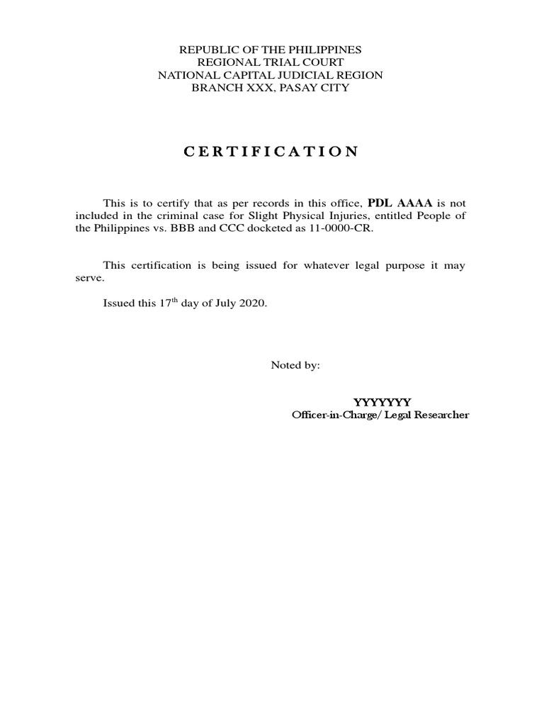 Certification of Detention Sample PDF