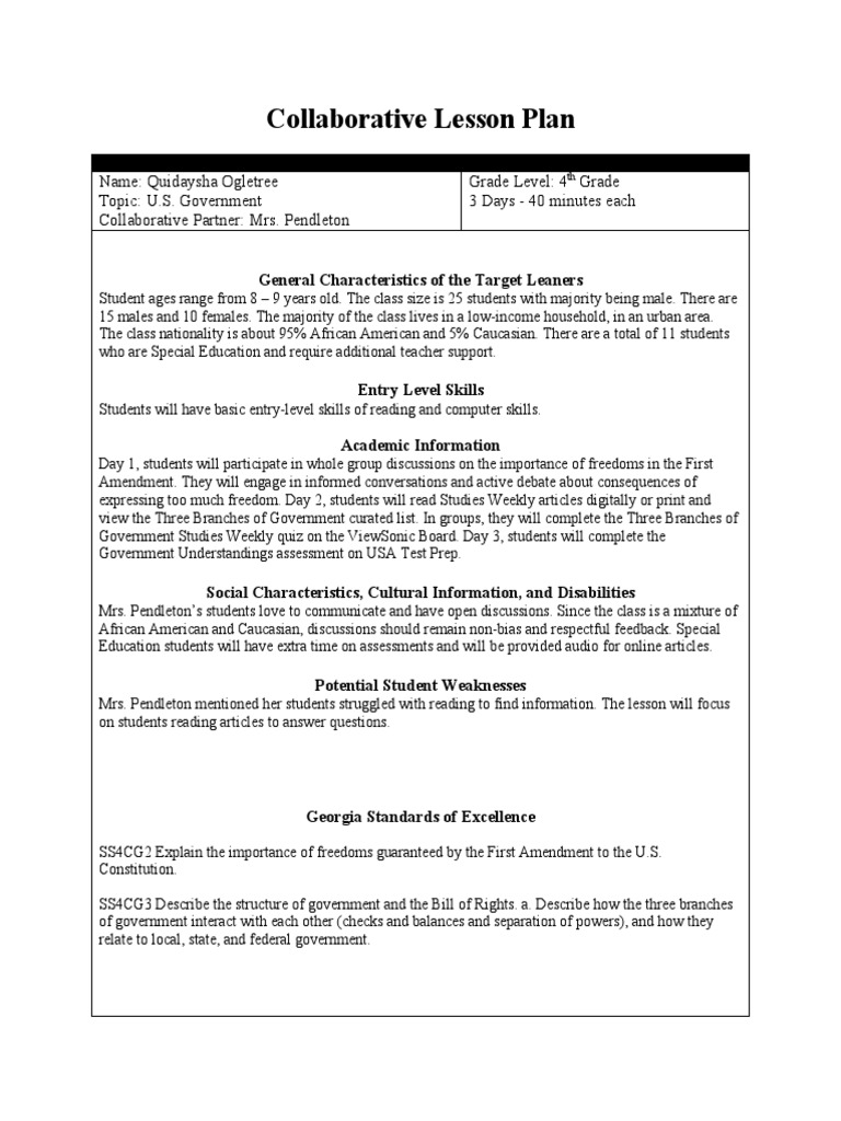 4th Grade U.S. Government Lesson Plan | PDF | Separation Of Powers ...