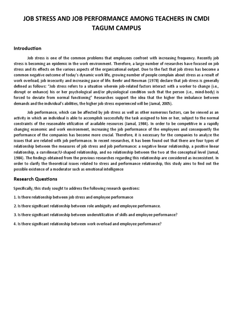 Teacher Stress & Performance Study | PDF | Occupational Stress | Stress ...