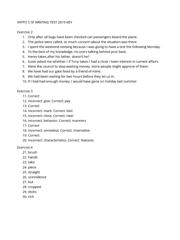 Hippo 5 Writing 2019 Key | PDF