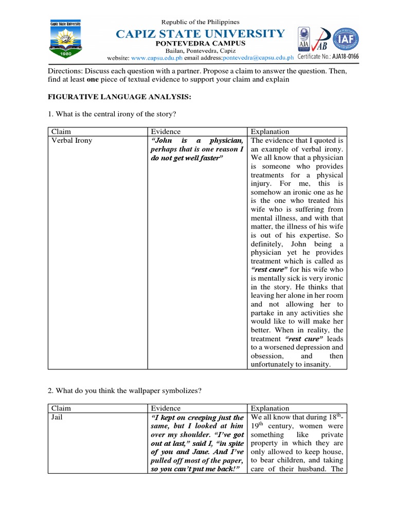 Literary Analysis of "The Yellow Wallpaper PDF The Yellow Wallpaper