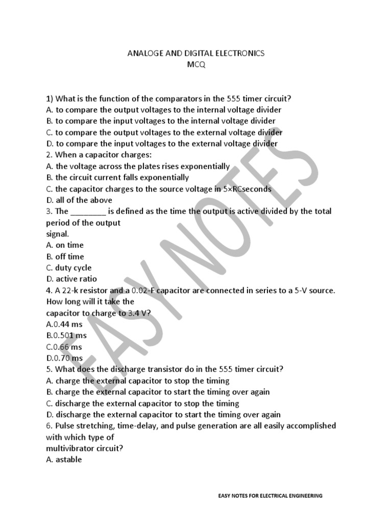 Analog and Digital Electronics Multiple Choice Questions with Answers