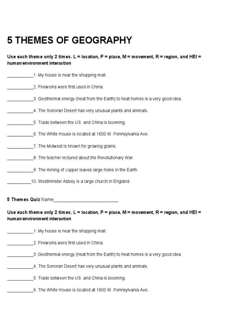 5 Themes of Geography Worksheet PDF