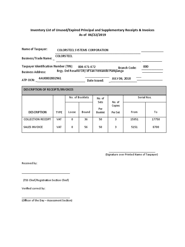 Inventory List of Unused/Expired Principal and Supplementary Receipts