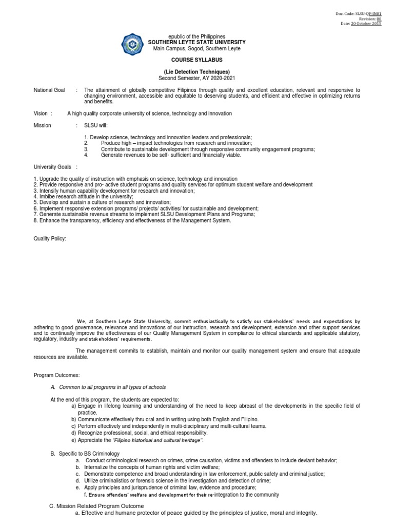 Lie Detection Techniques Course Syllabus | PDF | Polygraph | Criminology