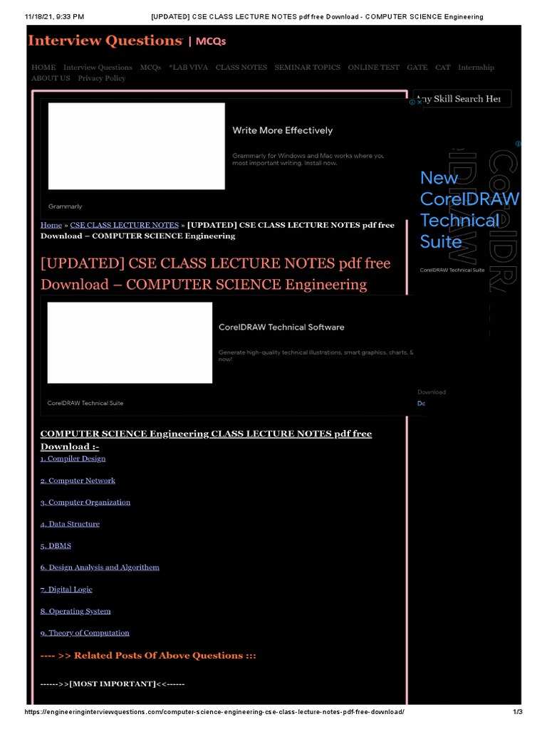 (Updated) Cse Class Lecture Notes PDF Free Download - Computer Science ...