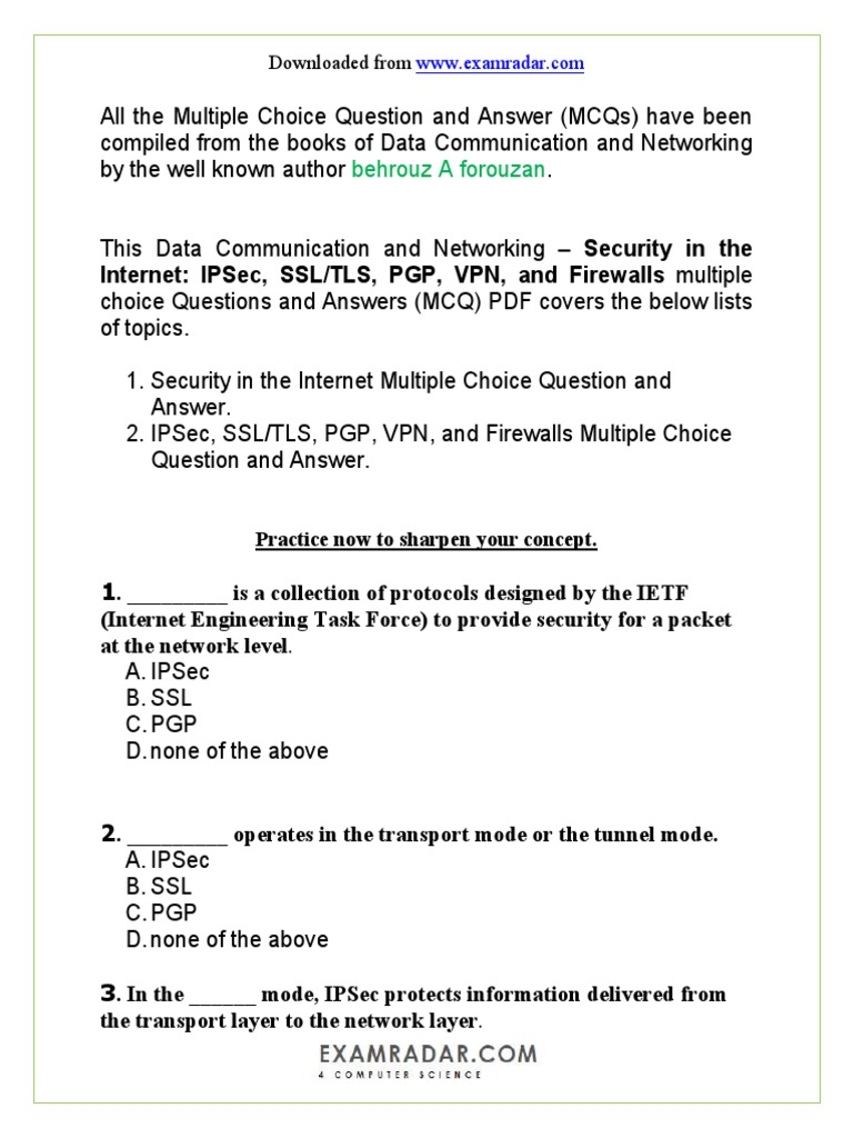 Internet Security MCQs: IPSec, SSL, PGP | PDF | Transport Layer ...