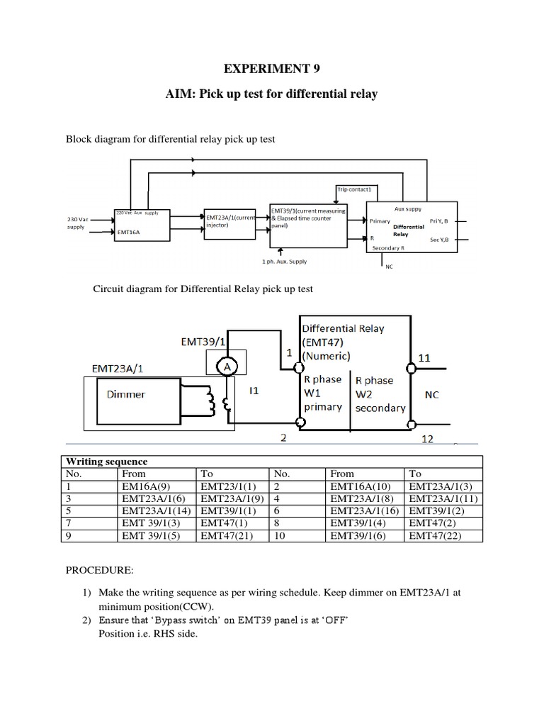 Experiment 9 AIM Pick Up Test For Differential Relay Writing Sequence