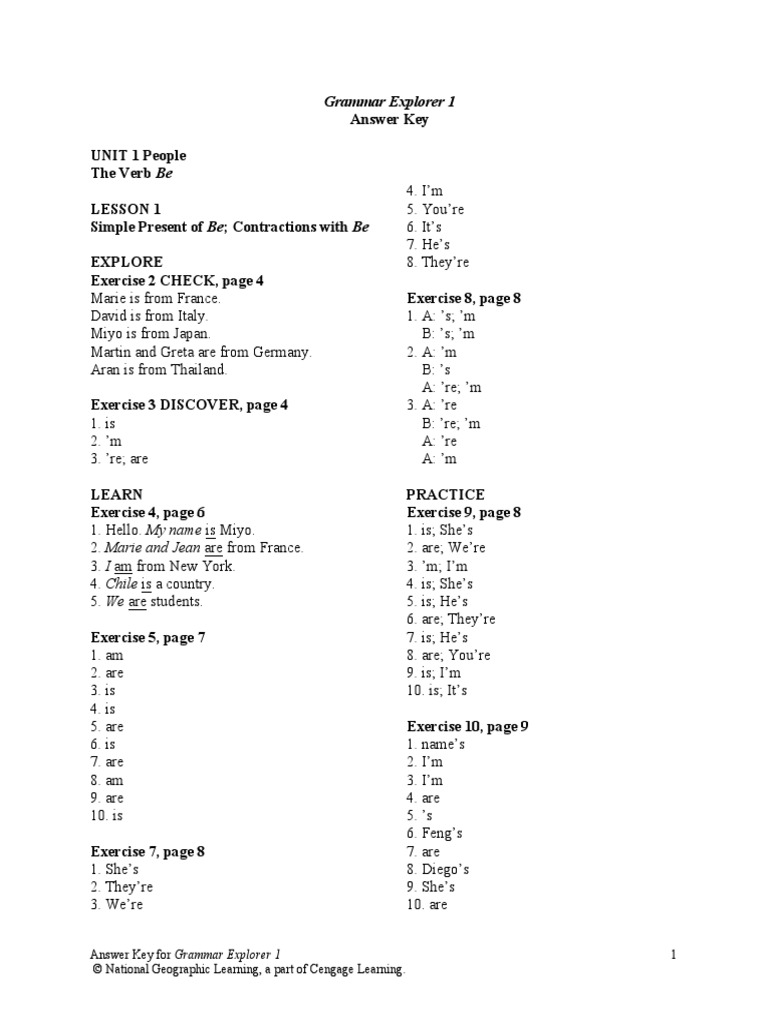 Grammar Explorer 1 Answer Key For Grammar Explorer 1 © National