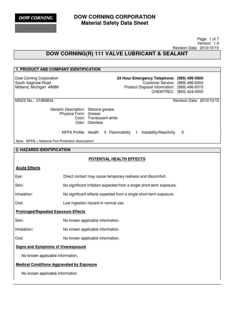 Dow Corning 111 Valve Lubricant and Sealant 10.15.10 PDF Personal