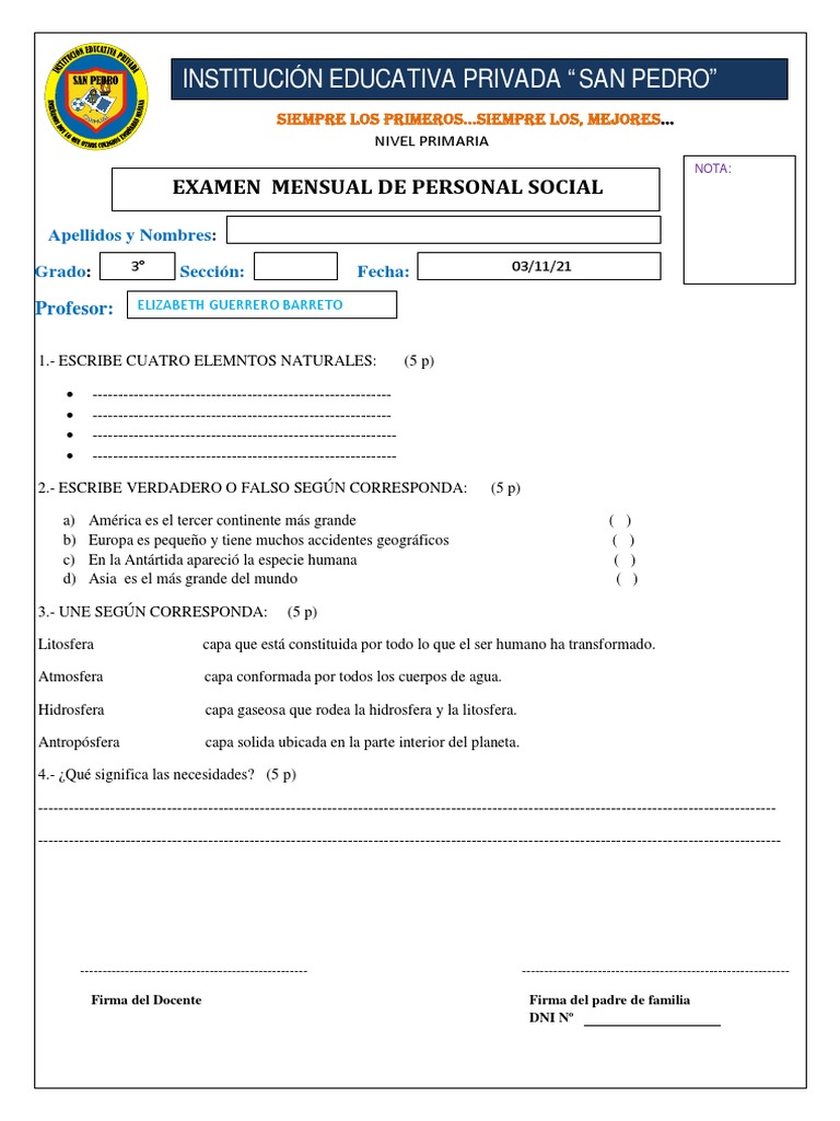 Examen Mensual de Personal Social Mes de Octubre | PDF