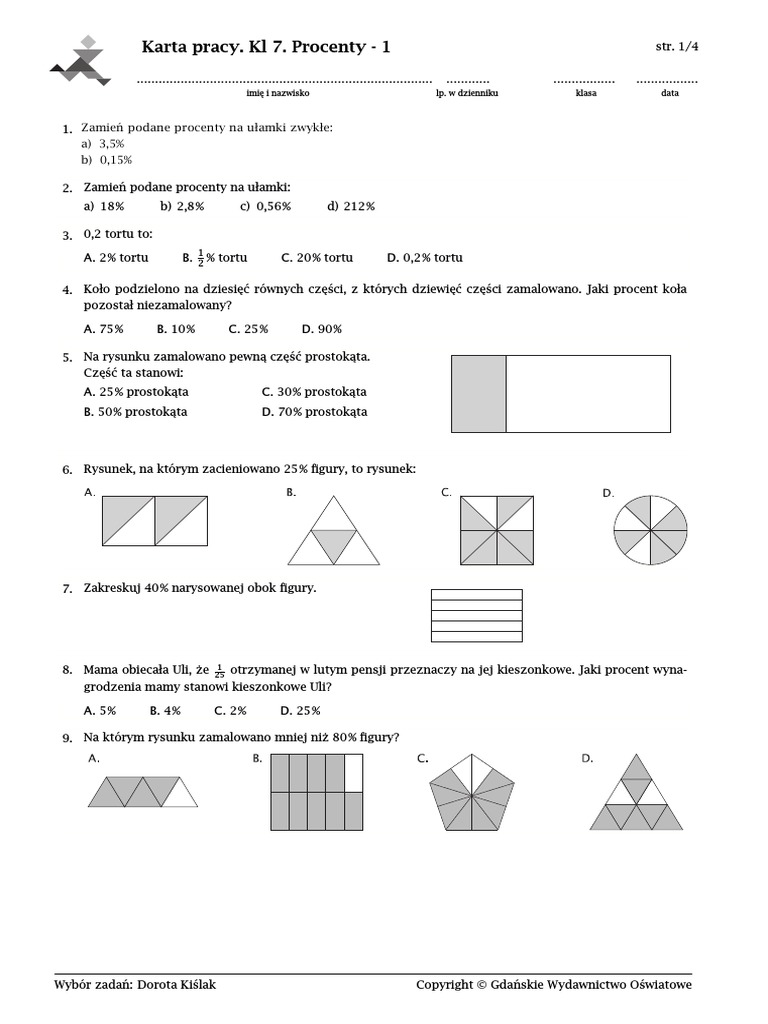 Sprawdzian Procenty Klasa 7 Pdf Matematyka Z Plusem Klasa 7b - Karta Pracy - Procenty - 1 | PDF