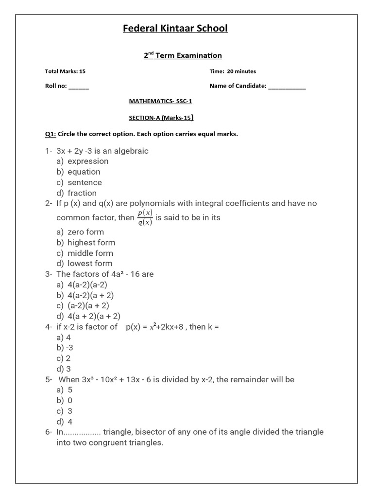 10th Class Mathematics Paper | PDF | Triangle | Factorization