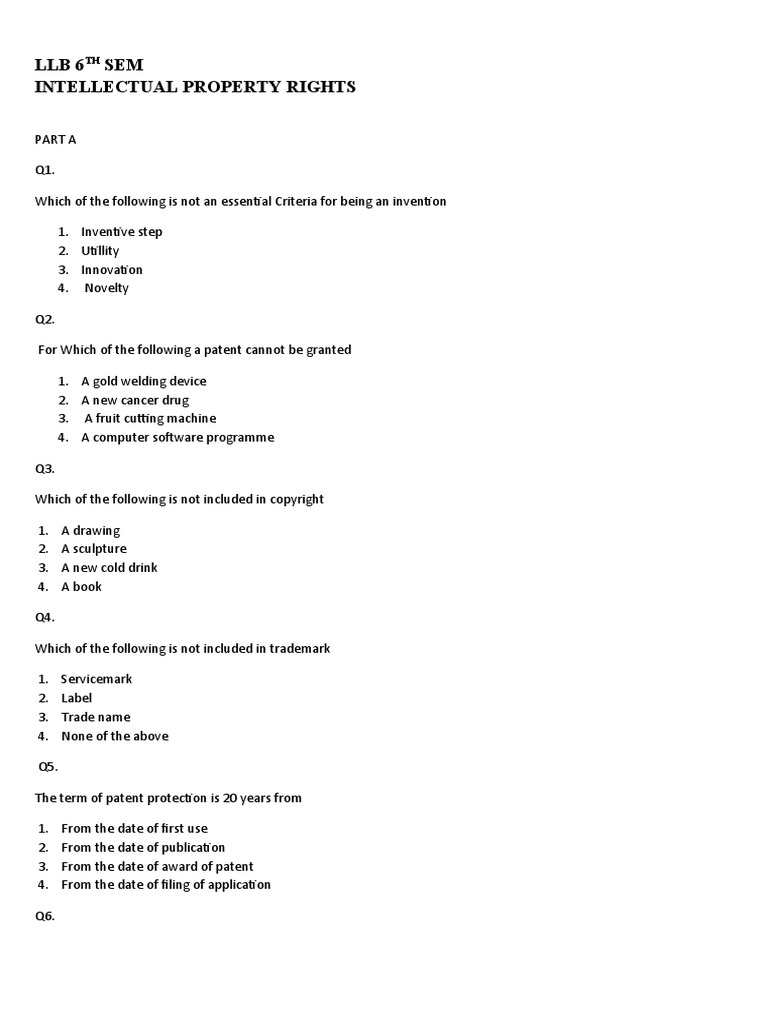 IPR Exam Questions and Concepts | PDF | Intellectual Property | Patent