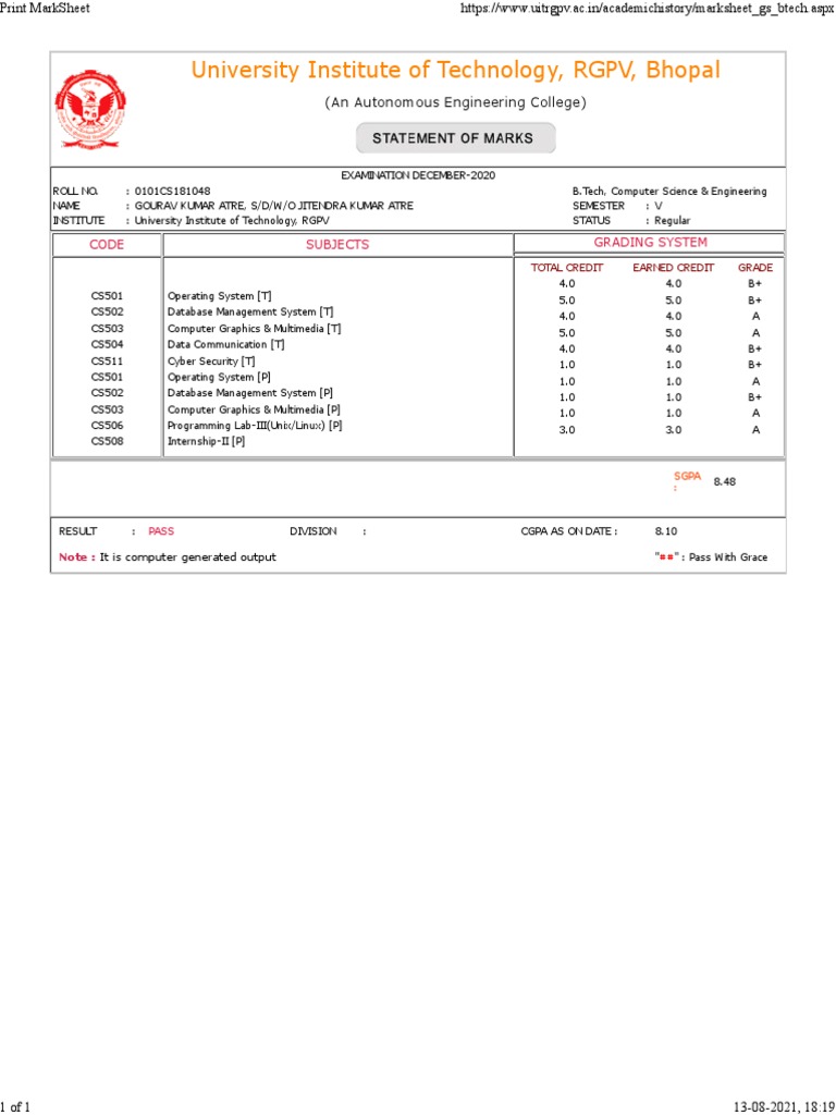 University institute of technology rgpv bhopal code subjects grading
