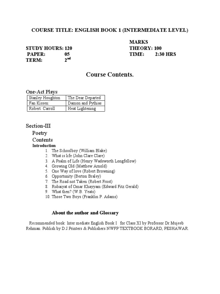 Course Contents.: Course Title: English Book 1 (Intermediate Level ...