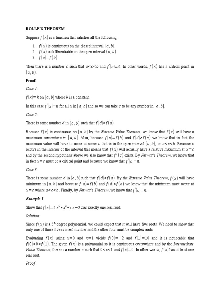 Rolle's Theorem, Mean Value Theorem, L'Hosital's Rule | PDF | Zero Of A ...