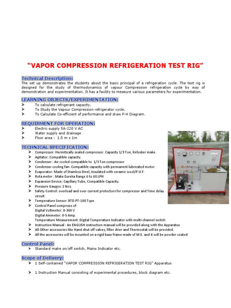 "Vapor Compression Refrigeration Test Rig" Technical Description PDF