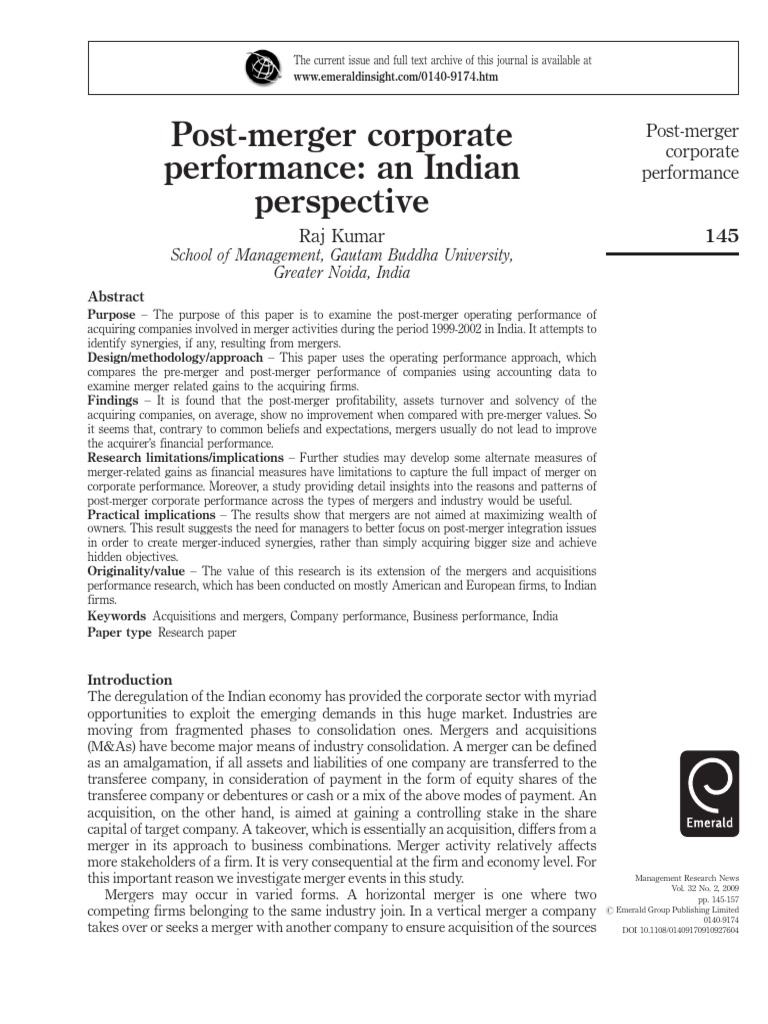 Post-Merger Performance in India | PDF | Mergers And Acquisitions ...