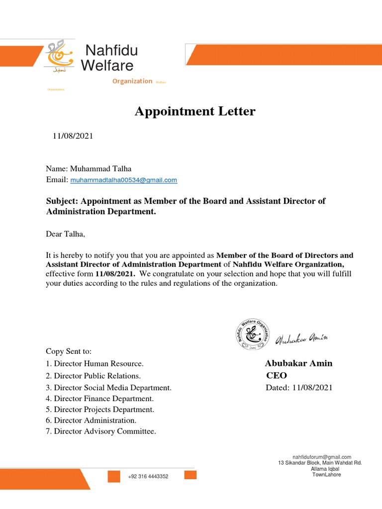 Appintment Letter TALHA | PDF | Career & Growth | Business