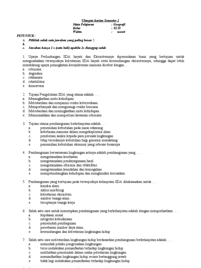 Soal Geografi Kelas Xi