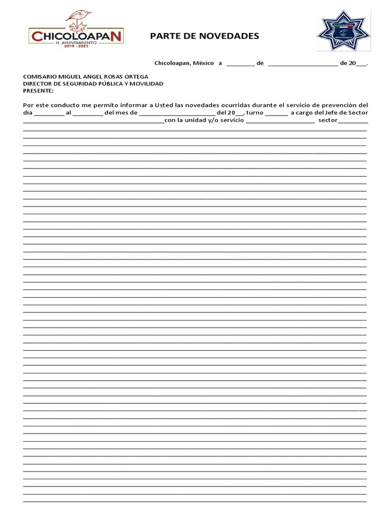 Formato de Parte de Novedades Con Imagen Pick Up 2021 PDF Vehículos