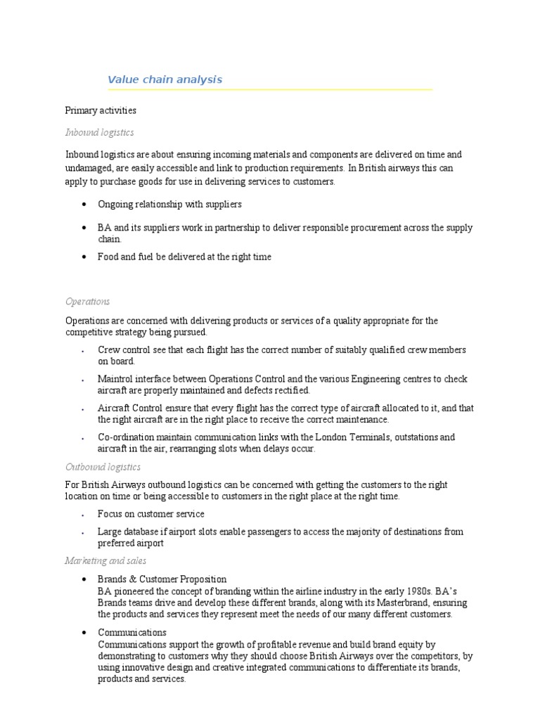 British Airways Value Chain Overview | PDF | Logistics | Brand