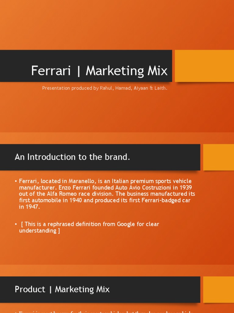 Ferrari Marketing Mix Overview | PDF | Marketing | Brand