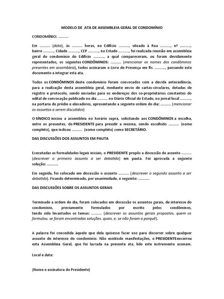 Modelo de Ata de Assembleia de Condomínio | PDF | Condomínio