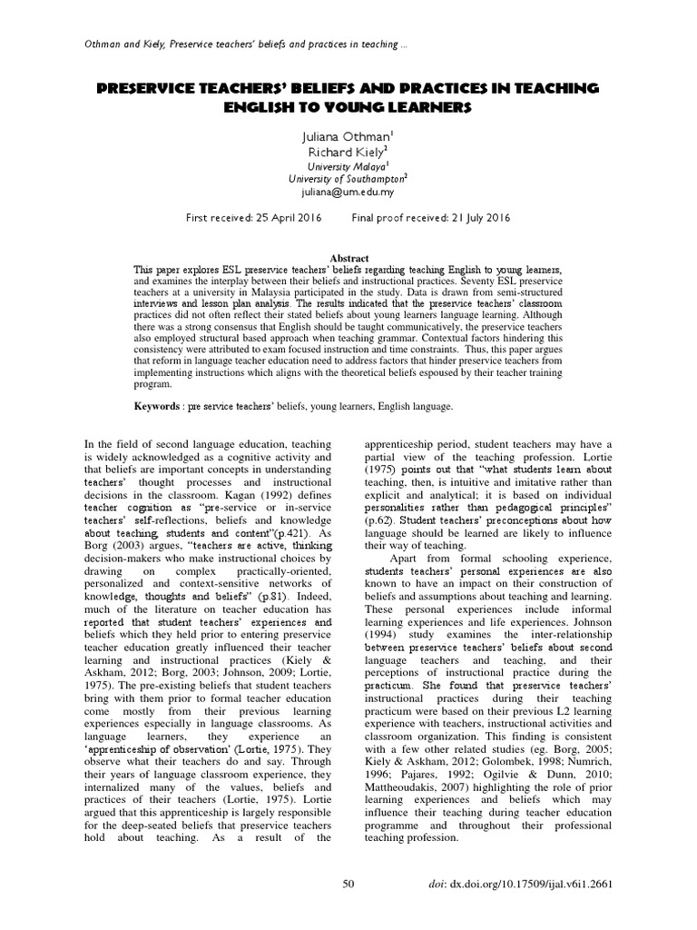 ESL Preservice Teachers' Beliefs | PDF | Teachers | English As A Second ...
