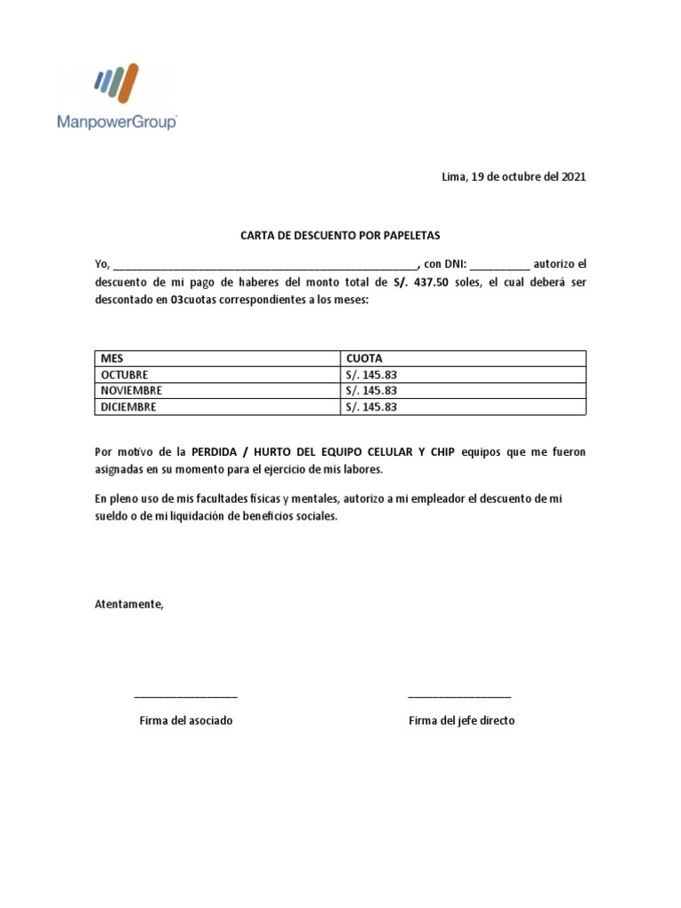 Formato Carta de Descuento PDF
