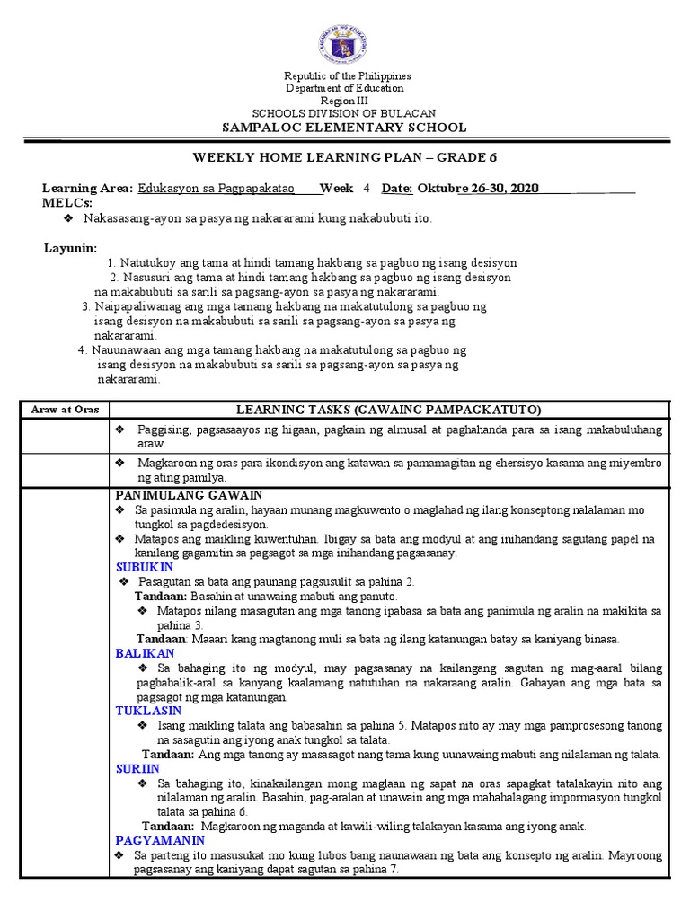FINAL WEEKLY HOME LEARNING PLAN in ESP6 Q1 MODULE 2 | PDF