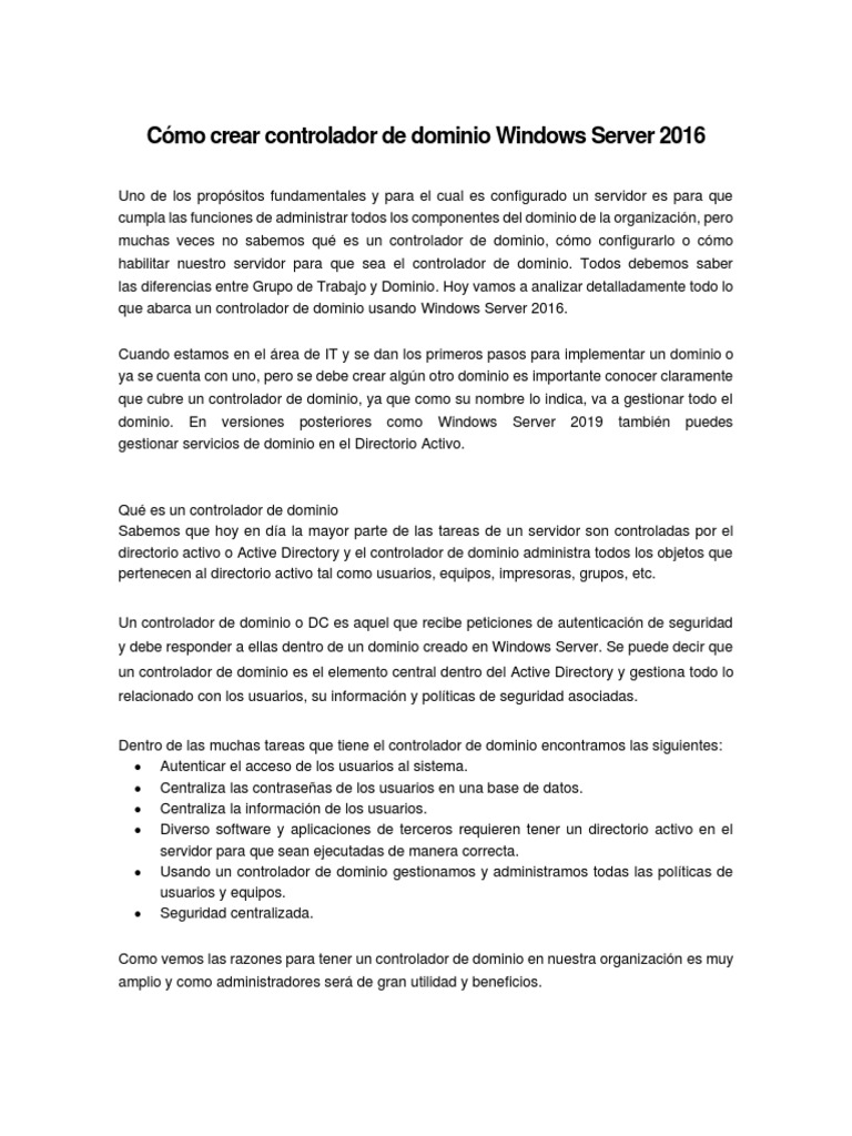Crear Controlador de Dominio en Windows Server 2016 | PDF | Directorio ...