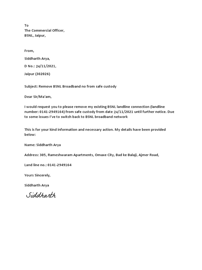 BSNL Safe Custody Request PDF