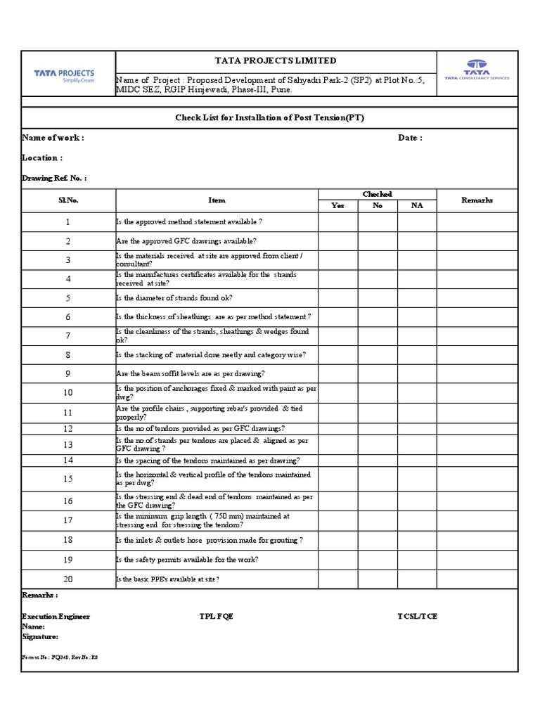 Post Tension Installation Checklist | PDF | Materials | Building ...