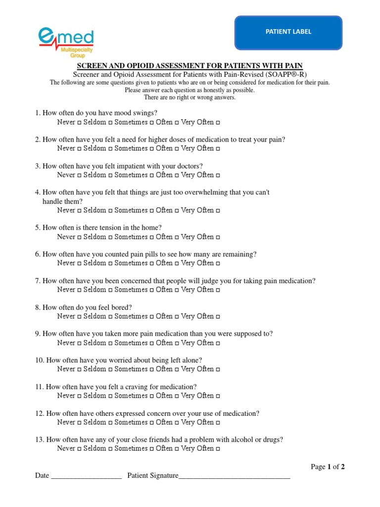 Opioid Questionnaire - SOAPP-R English | PDF | Analgesic | Medical ...