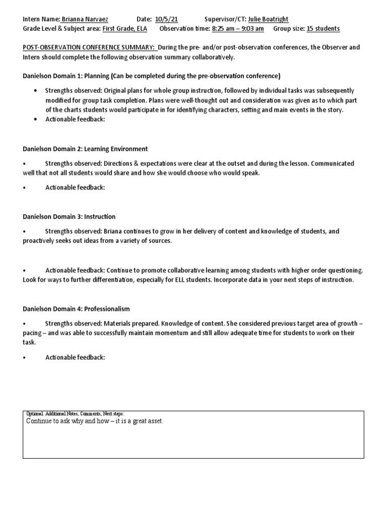 First Grade ELA Observation Summary | PDF | Career & Growth | Wellness