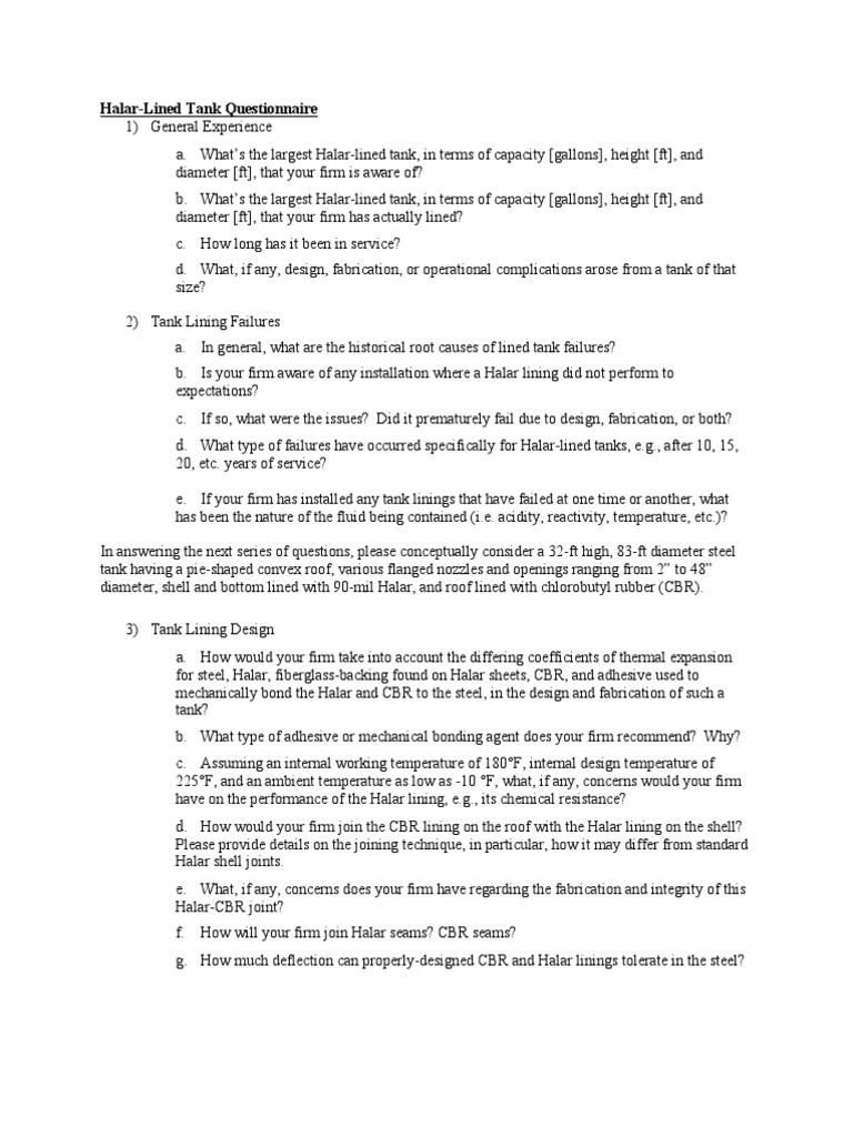 HalarLined Tank Questionnaire Rev3 PDF Tanks Specification