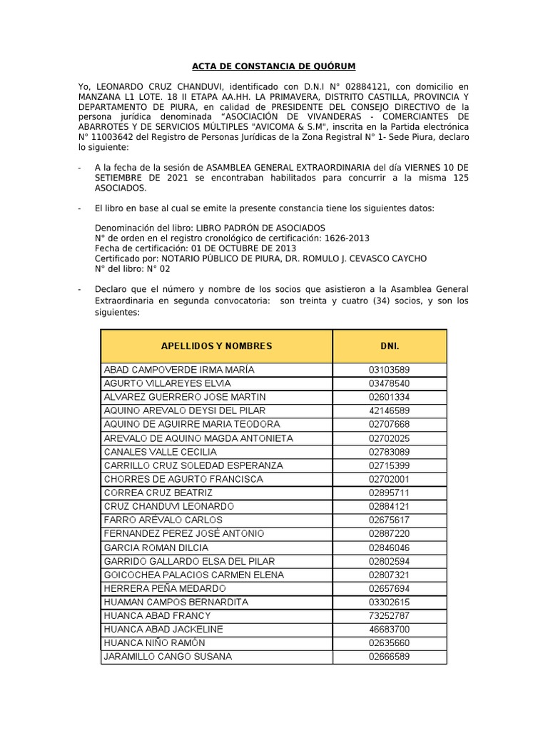 Acta de Constancia de Quórum | PDF