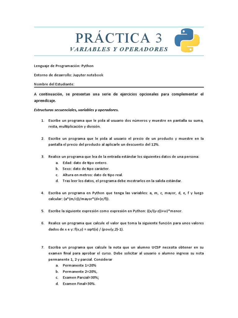 Ejercicios de Variables y Operadores en Python | PDF | Python (lenguaje ...