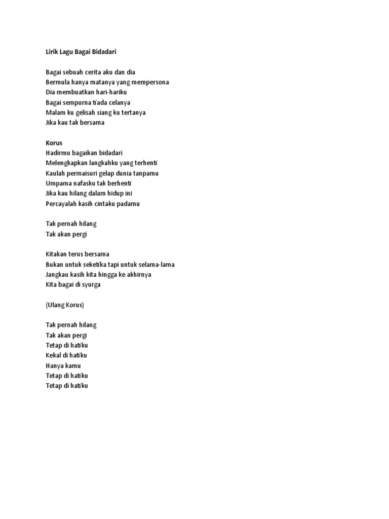 Lirik Lagu Bagai Bidadari