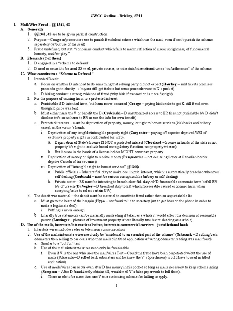 White Collar Crime Outline Perjury Insider Trading