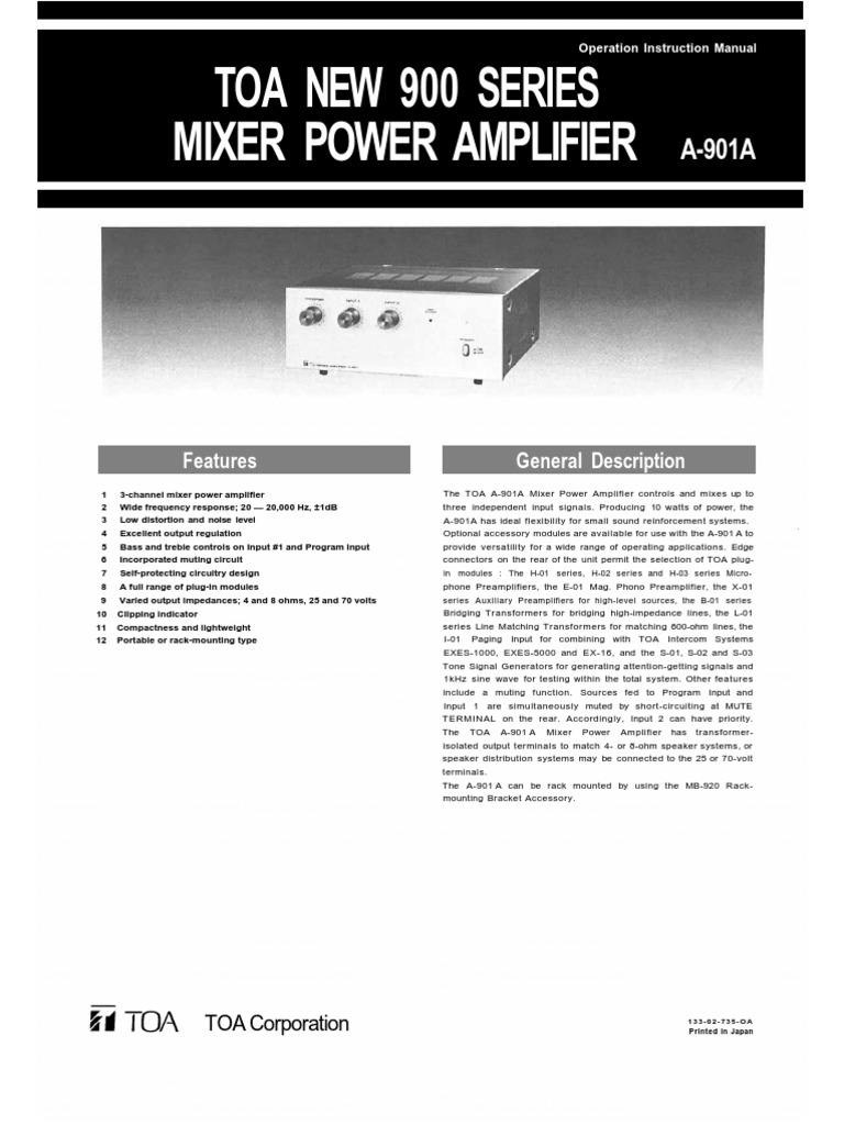 Mixer Power Amplifier Toa New 900 Series PDF Amplifier Microphone