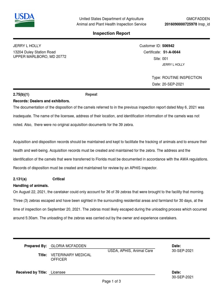 USDA Zebra Inspection Report Summary | PDF | Technology & Engineering